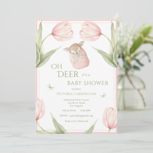 Oh Deer Tulips Pink Baby Shower Einladung (Stehend Vorderseite)