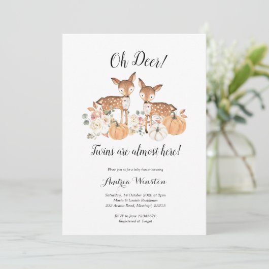 Oh Deer Twins Pumpkin Baby Dusche Einladung (Stehend Vorderseite)
