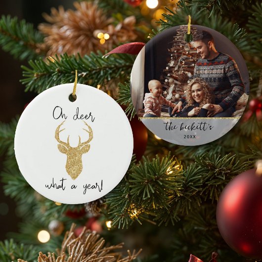 Oh Deer, What A Year! Funny Christmas Custom Photo Keramik Ornament