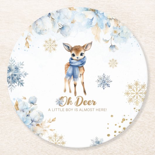 Oh Deer Winter Baby Boy Dusche Runder Pappuntersetzer (Vorderseite)
