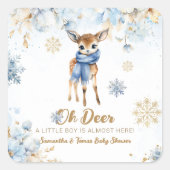 Oh Deer Winter Baby Boy Dusche Willkommen Quadratischer Aufkleber (Vorderseite)