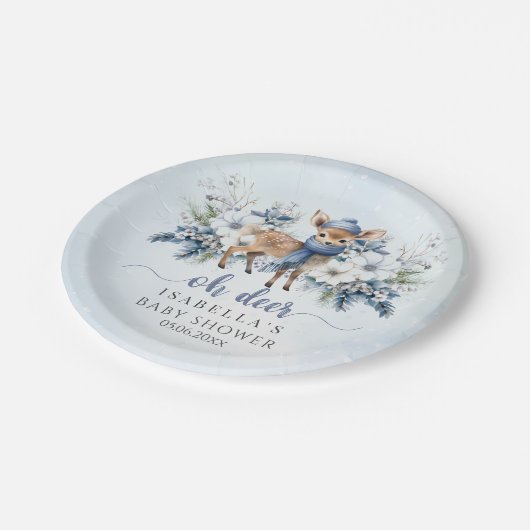 Oh Deer Winter Boy Blue Floral Baby Dusche Pappteller (Schrägansicht)