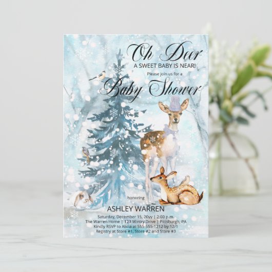 Oh Deer Woodland Animals Winter Boy Baby Dusche I Einladung (Stehend Vorderseite)