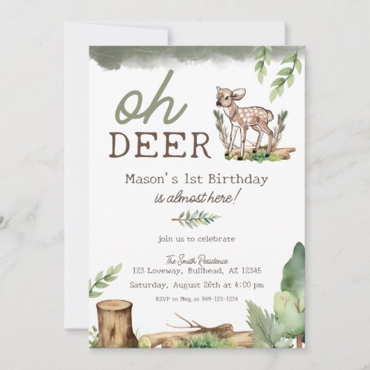Oh Deer Woodland Baby Deer Birthday Einladung (Vorderseite)