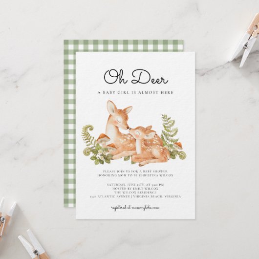 Oh Deer Woodland Forest Baby Shower  Einladung (Vorderseite/Rückseite Beispiel)