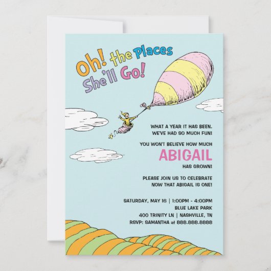 Oh, die Orte, an die sie gehen wird! - Erster Gebu Einladung (Vorderseite)