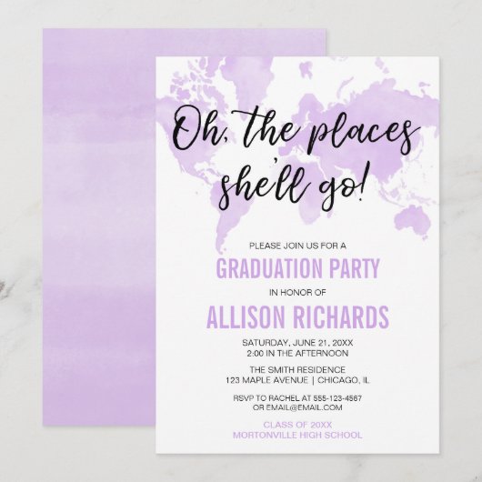 Oh, die Orte, wo sie lila Abschlussfeier machen wi Einladung (Vorne/Hinten)