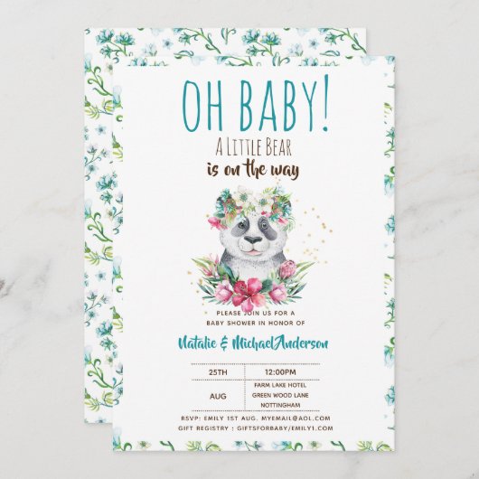 Oh, ein kleiner Bär ist unterwegs Panda Dusche Einladung (Vorne/Hinten)