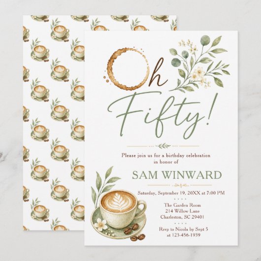 Oh Fifty Grün Botanischer Kaffee Geburtstag Einladung (Vorne/Hinten)