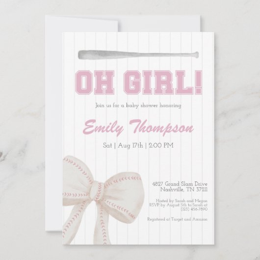 Oh Girl Baseball Baby Dusche Einladung (Vorderseite)