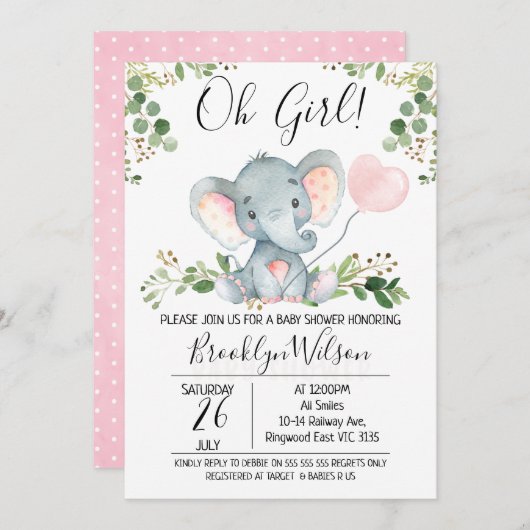 Oh Girl Elephant Balloon Baby Shower Einladung (Vorne/Hinten)