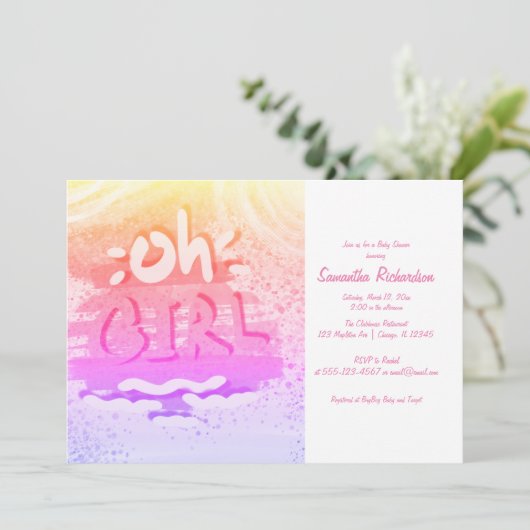 "OH GIRL" | Holografie Rosa- und Gold-Girl-Dusche Einladung (Stehend Vorderseite)