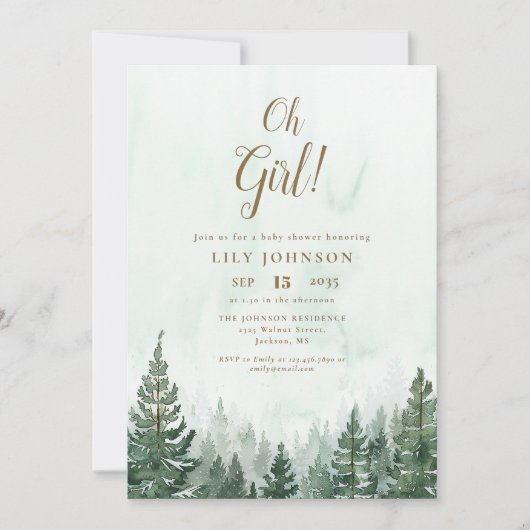 Oh Girl Pine Tree Forest Baby Shower Einladung (Vorderseite)