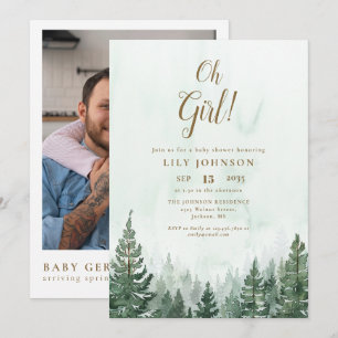 Oh Girl Pine Tree Forest Baby Shower Foto QR Code Einladung