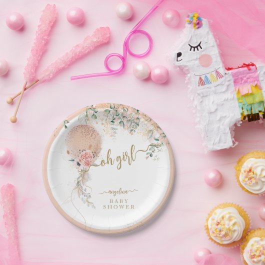 Oh Girl Pink Balloon Floral Eucalyptus Baby Dusche Pappteller (Party)
