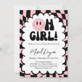 Oh Girl! Pink Checkered Happy Face Baby Shower Einladung (Vorderseite)