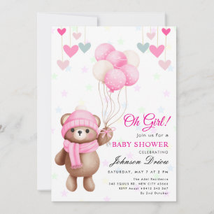 „Oh Girl!“ Teddybär-Ballon-Baby-Party Einladung
