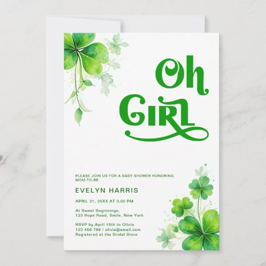 Oh Girl Watercolor Green Script Baby Dusche Einladung (Vorderseite)