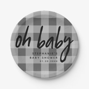 Oh graue Gingham-Babyparty des Baby-  Pappteller