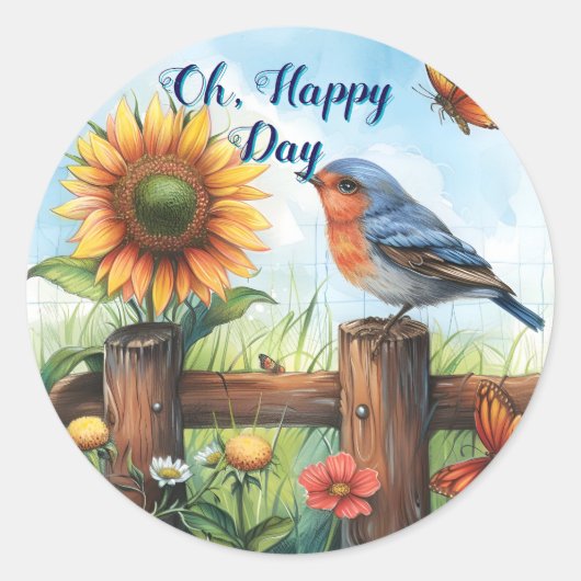 Oh Happy Day Bluebird und Sonnenblumensticker Runder Aufkleber (Vorderseite)