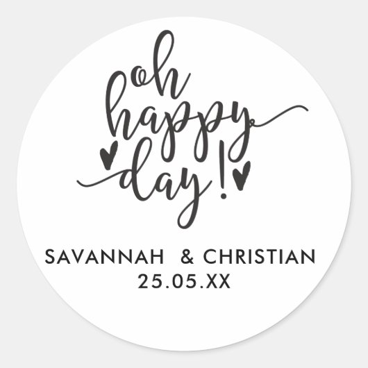 Oh Happy Day Script Personalisiert Wedding Sticker (Vorderseite)