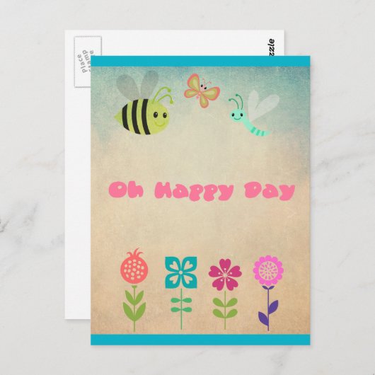Oh Happy Day Whimsical Blume und fröhliche Bugs Postkarte (Vorne/Hinten)