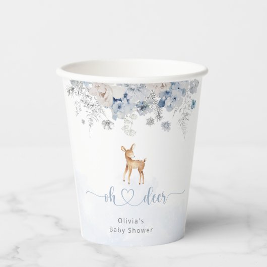 Oh Hirsche seine junge, winterblaue Babydusche Pappbecher (Vorderseite)