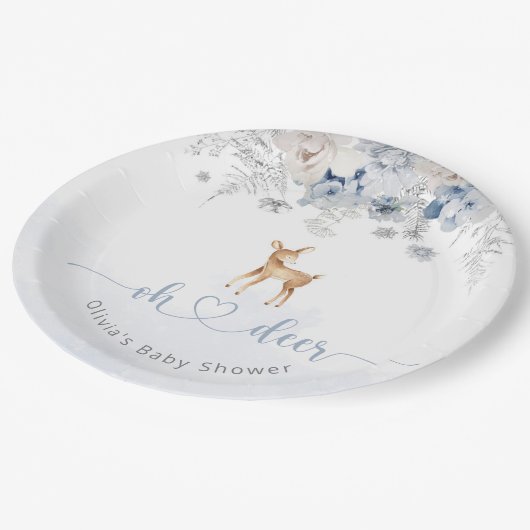 Oh Hirsche seine junge, winterblaue Babydusche Pappteller (Schrägansicht)