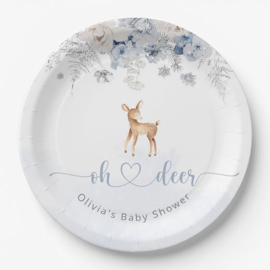 Oh Hirsche seine junge, winterblaue Babydusche Pappteller (Vorderseite)