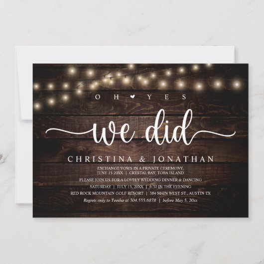 Oh ja, das taten wir, rustikale Hochzeitsfeier Einladung (Vorderseite)