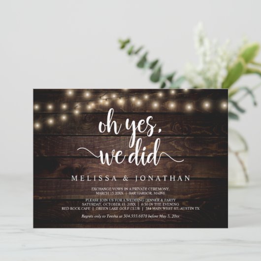 Oh ja, das taten wir, rustikale Hochzeitsfeier Einladung (Stehend Vorderseite)