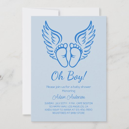 Oh Junge! Angel Wings Baby Dusche für Jungen Einladung (Vorderseite)