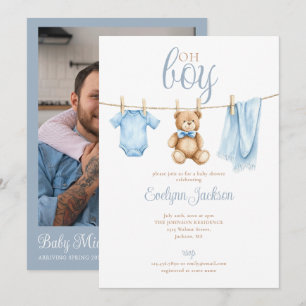 Oh Junge, Baby-Party mit Wäscheleine - QR-Code-Fot Einladung