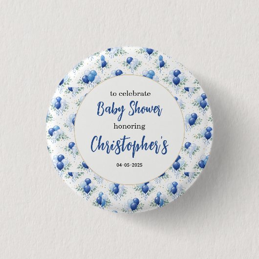 Oh Junge Baby Shower Moderne Eukalyptus Blaue Ball Button (Vorderseite)