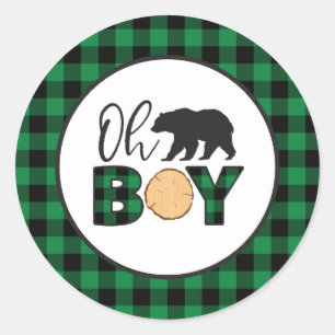 Oh Junge Bär grün Buffalo Kariert Baby Shower Runder Aufkleber