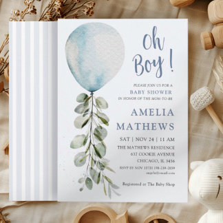 Oh Junge Blaue Ballon Aquarell-Baby-Party Einladung