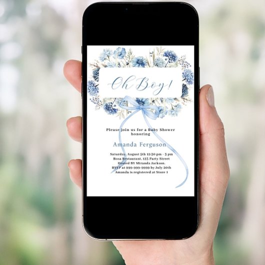Oh Junge blaue Bogen Blumen Baby Dusche Einladung