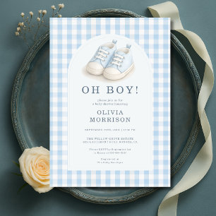 Oh Junge Blaue Schuhe Gingham-Baby-Party Einladung