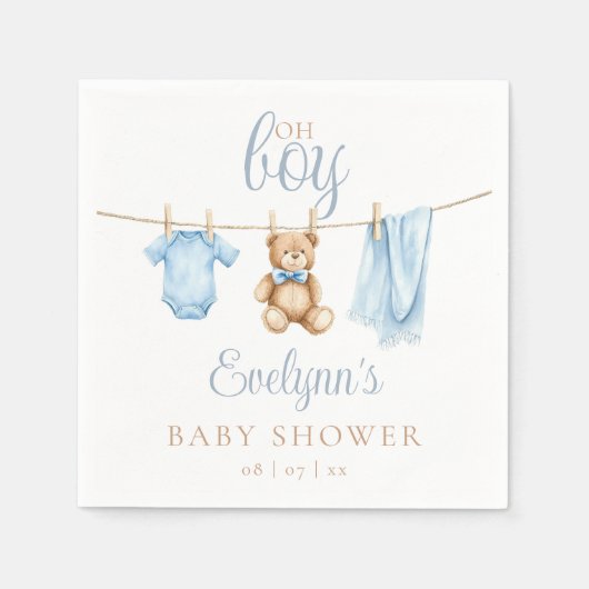 Oh Junge Blaue Wäscheleine Baby Shower Serviette (Vorderseite)