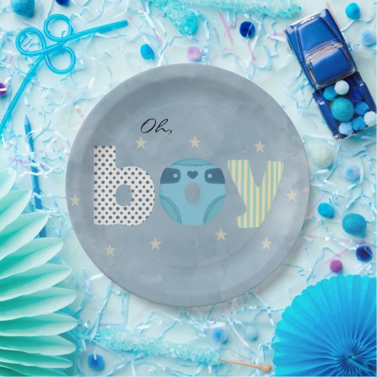 Oh Junge Blaue Wasserfarbe Windel Baby-Party Pappteller (Party)