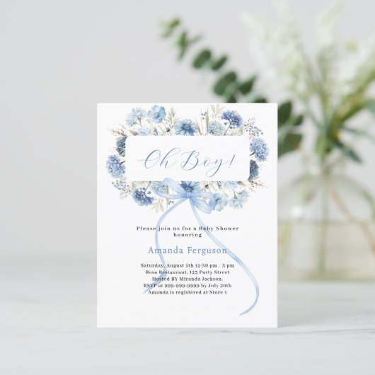 Oh Junge blauen Bogen Blütenblütendusche Einladung (Stehend Vorderseite)