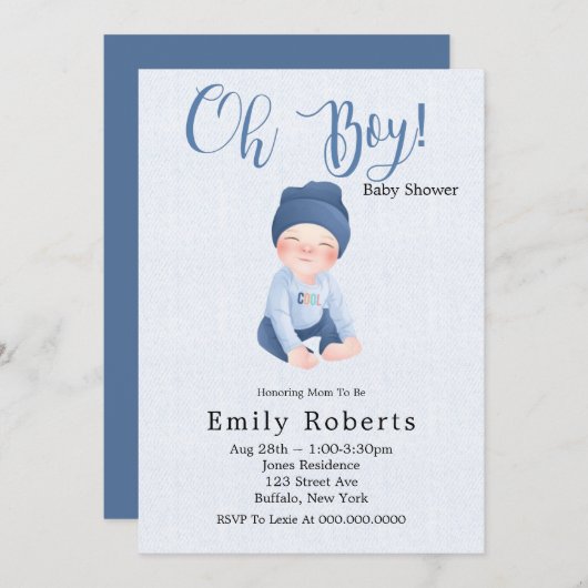 Oh Junge blauen Denim Cartoon Baby Shower Einladun (Vorne/Hinten)