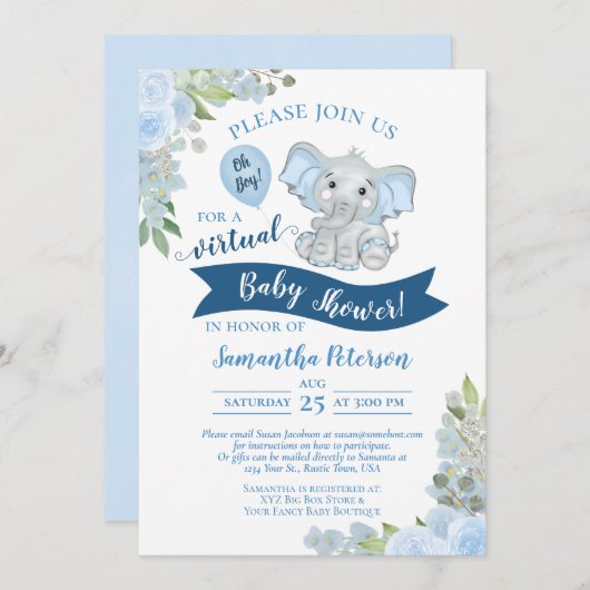 Oh Junge! Blue Elephant & Floral Virtual Baby Dusc Einladung (Vorne/Hinten)