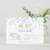Oh Junge! Blue & Gold Confetti Babydusche Einladung (Stehend Vorderseite)
