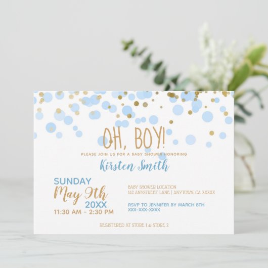 Oh Junge! Blue & Gold Confetti Babydusche Einladung (Stehend Vorderseite)