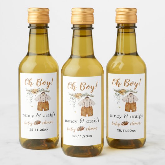 Oh Junge! Boho Football Watercolor Babydusche Mini Weinetikett (Flaschen)