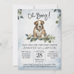 Oh Junge! Bulldog Welpe Modern Watercolor Baby Einladung