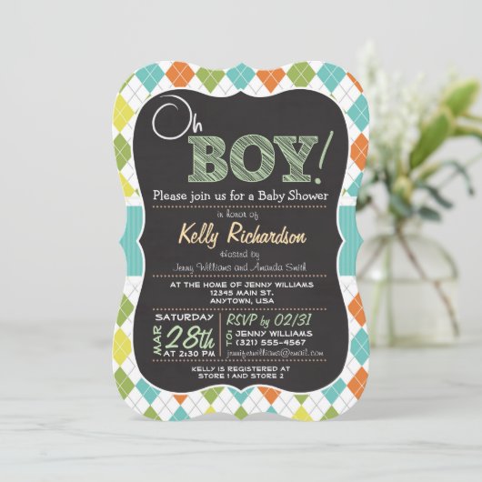 Oh Junge! Chalkboard-Look Kinderdusche Einladung (Stehend Vorderseite)