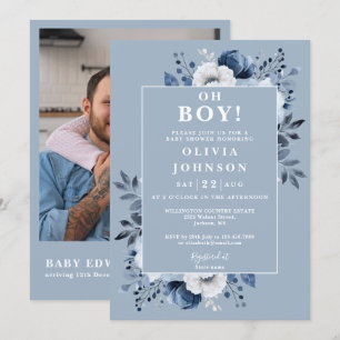 Oh Junge Dusty Blue Blumen Foto QR Baby Shower Einladung