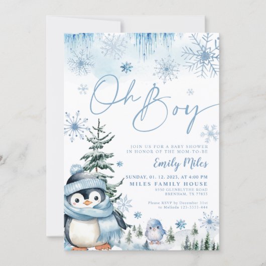 Oh Junge Einladung, Winterpinguin-Babydusche Einladung (Vorderseite)